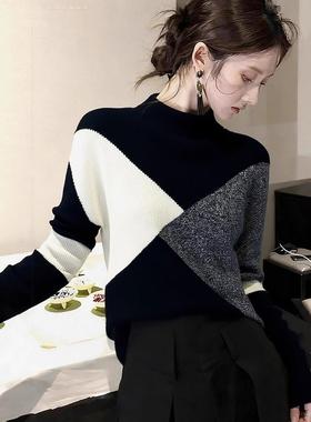 MONLOUVE休闲慵懒风撞色半高领长袖毛衣针织衫女秋冬新款百搭洋气