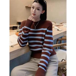 MONLOUVE休闲慵懒风撞色条纹圆领长袖毛衣针织衫女秋冬新款高级感
