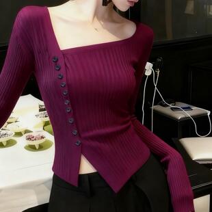 MONLOUVE轻熟风高级感紫红色斜领长袖毛衣针织开衫女秋冬款超好看