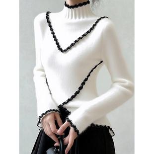 MONLOUVE优雅风高级感白色高领花边长袖毛衣针织衫女秋冬款慵懒风