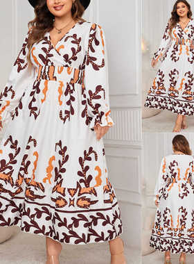 Plus size V-neck print dress Long sleeves women dresses 大码