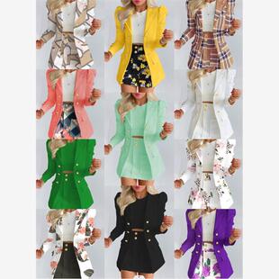 2023跨境秋季新款欧美女士套装气质修身双排扣印花西装短裙两件套