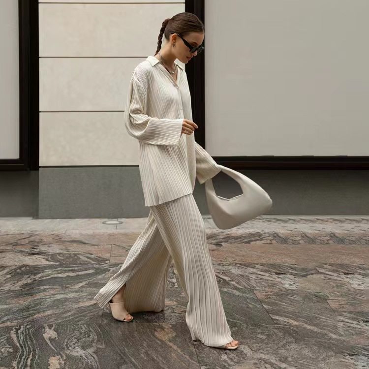 欧美风秋季新款休闲百褶衬衫长裤套装pleated shirt trousers set