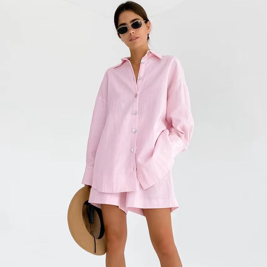 欧美风长袖衬衫短裤宽松时尚套装 Long sleeve shirt shorts suit