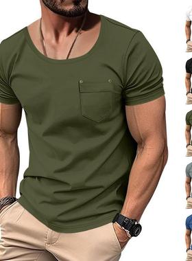 2025夏季新款男士纯色大U领T恤透气宽松短袖上衣Men's Shirts