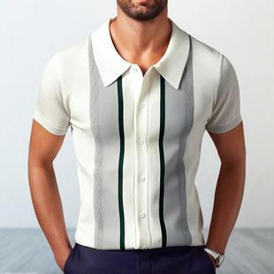 针织衫 短袖 翻领套头休闲条纹Polo衫 Men Shirt 欧美男装 2025夏季