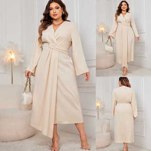 neck women dress连衣裙XL size 5XL Stylish sleeve Plus Long