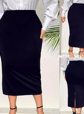 plus size skirts for women long skirt大码L-5XL青色开叉半身裙