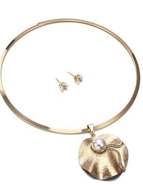 necklace women choker jewelry 金属树叶珍珠项链套装项圈COS