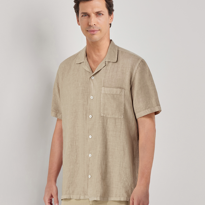 【26春夏新品】CANALI康纳利米色亚麻方形版型短袖男士衬衫