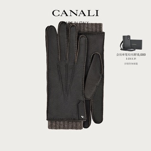CANALI康纳利深棕色鹿皮配羊绒护腕男士 手套