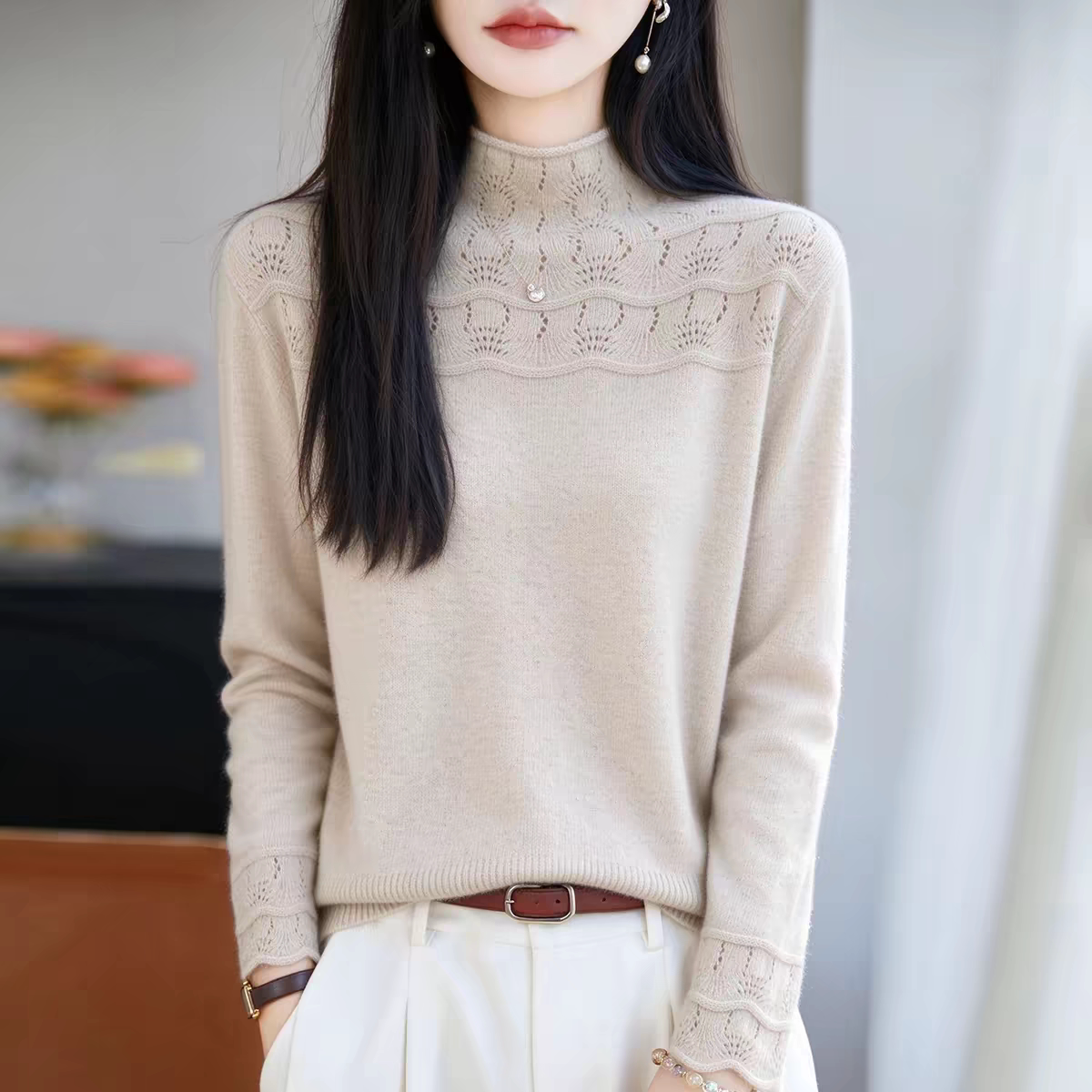 法式重工镂空钩花半高领加厚针织衫女慵懒宽松毛衣长袖保暖打底衫