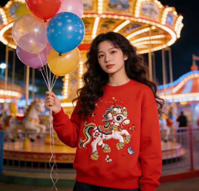 2026新年马年本命年红色跨年衣服秋冬季加绒加厚卫衣喜庆卡通上衣