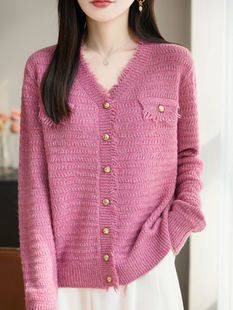 奥莱品牌折扣100%纯羊毛衫女V领流苏针织开衫宽松显瘦毛衣外套