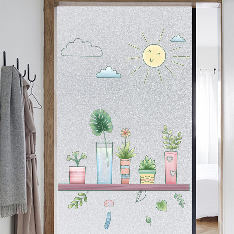 绿植玻璃贴纸磨砂窗户贴画卧室门透光不透明静电防走光浴室窗贴纸