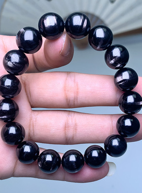 天然金运石手链猫眼效应银线金运石圆珠串黑水晶手串男女生日礼物