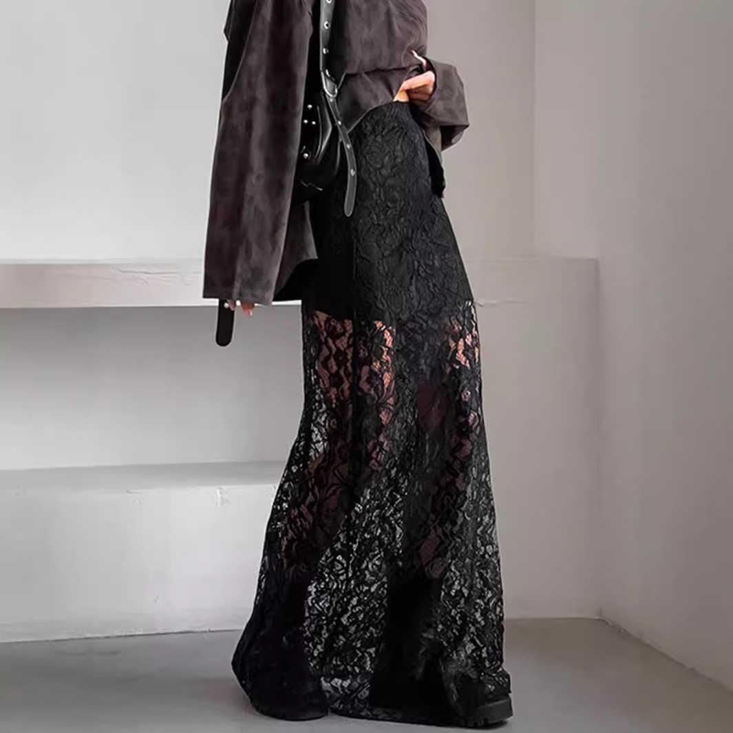 欧美复古百搭黑色开叉蕾丝性感及踝裙夏季时尚中腰通勤半身裙女