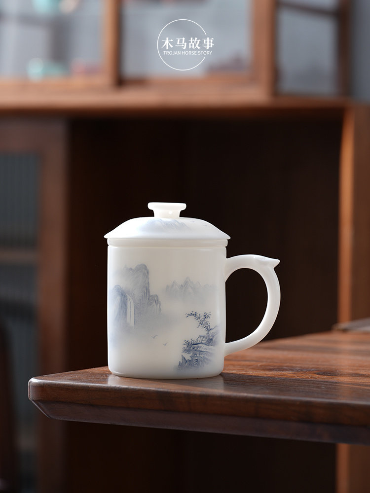 冰种羊脂玉茶杯带盖过滤茶水分离办公杯德化白瓷水杯高端送礼杯子