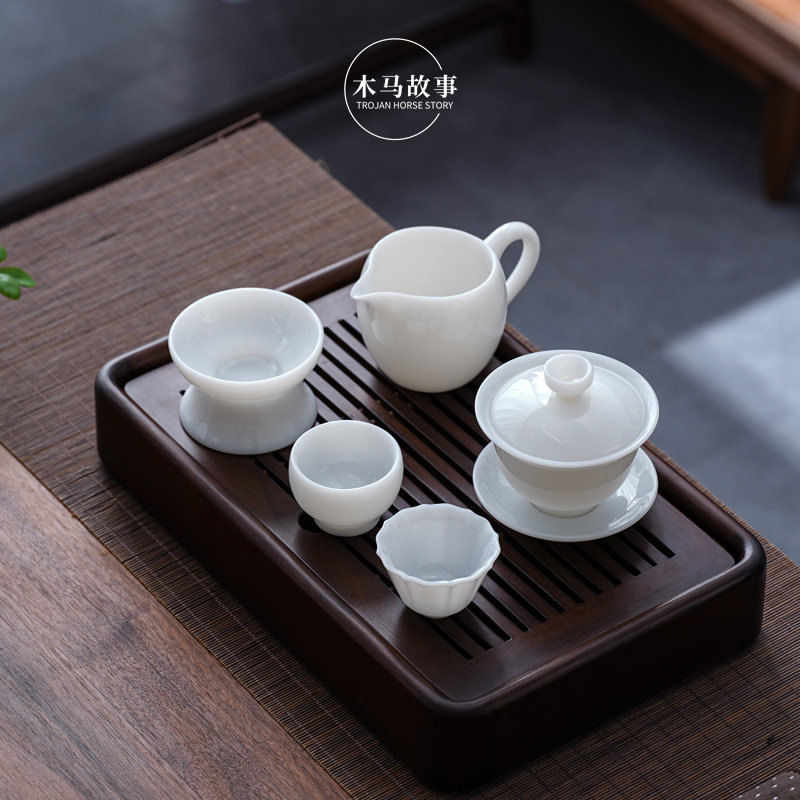 冰种羊脂玉白瓷盖碗功夫茶具套装一碗两杯二人用茶盘整套小型高档