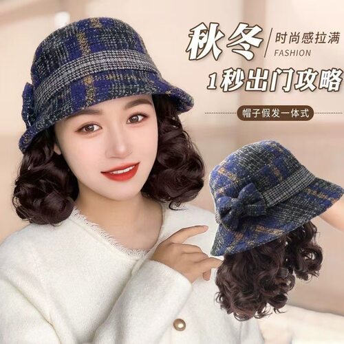 格子渔夫帽假发一体秋冬卷发盆帽