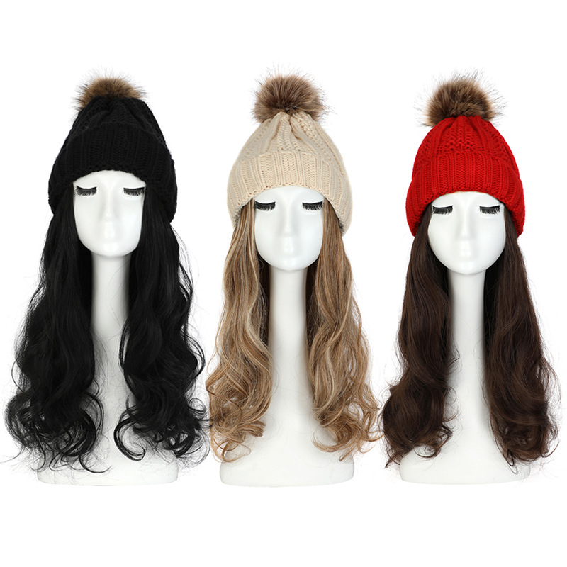 秋冬毛线帽可拆卸长卷发假发