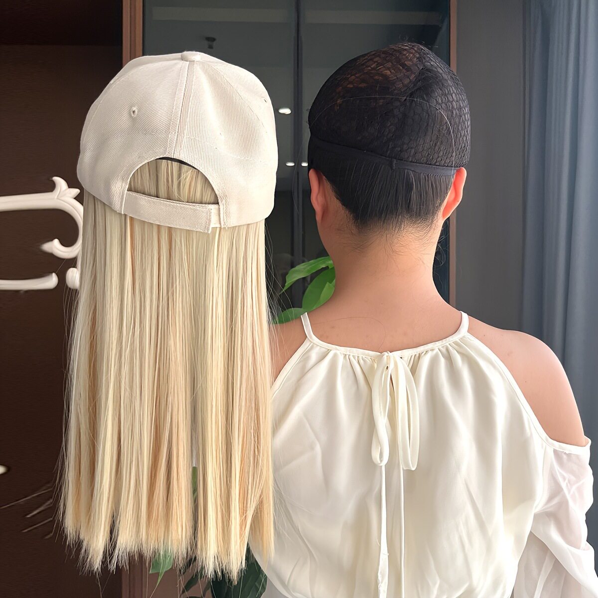 帽子假发一体式女长发米白色欧美