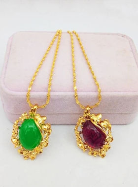 新沙金项链女仿黄金色马来玉宝石吊坠配锁骨细链久不掉色镀金首饰