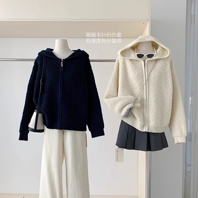 韩系卷卷毛连帽拉链毛衣开衫女秋