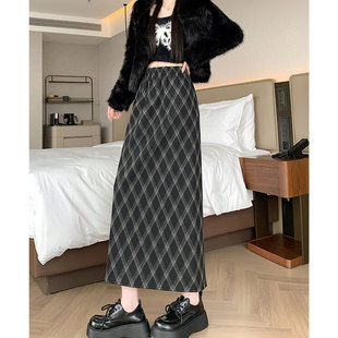 韩系复古加绒格子半身裙加厚高腰显瘦松紧腰中长款垂感显瘦直筒裙