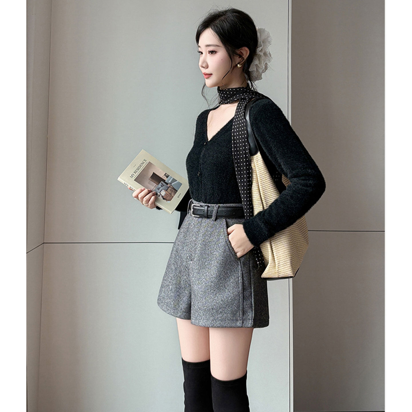 人字纹双口袋毛呢阔腿裤女2026春夏新款高级感直筒休闲西装短裤子,女装/女士精品,休闲裤,淘宝优惠券,粉丝福利购,淘宝优惠卷