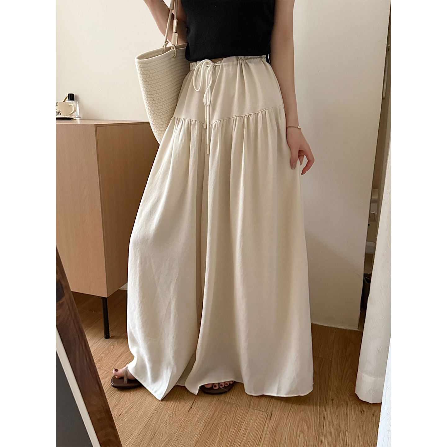 简约小调性系带宽腰头设计阔腿休闲裤休闲显瘦长裤女夏季薄款裤子