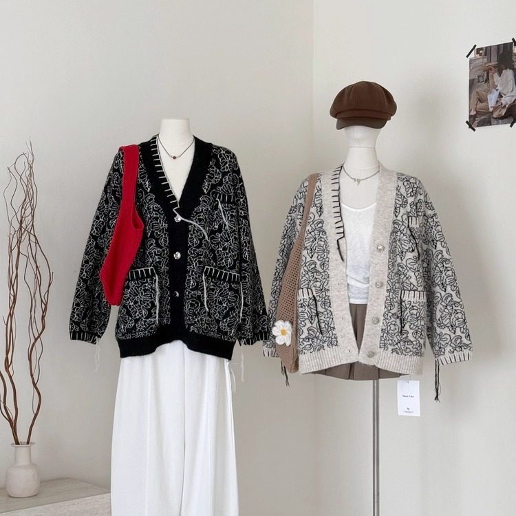 老钱风V领针织开衫女秋冬设计感