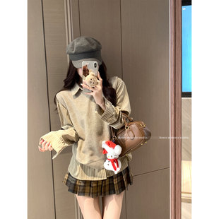 叠穿磨毛复古条纹衬衣宽松衬衫上衣+针织衫马甲+毛呢半裙春季套装