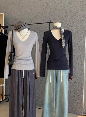 韩系辣妹修身显瘦长袖正肩V领T恤女内搭短款打底衫早秋chic上衣