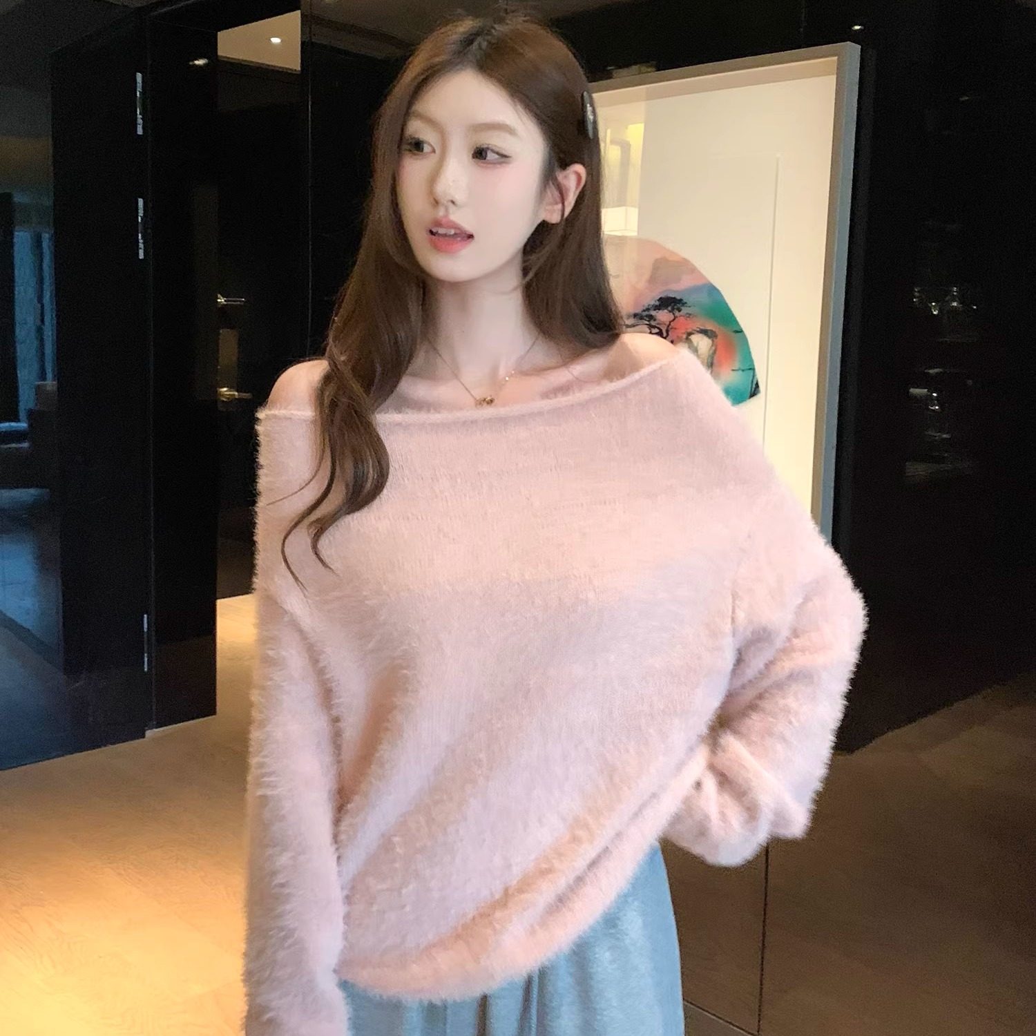 软糯慵懒风粉色显白一字肩毛衣女外套秋冬季穿搭巨好看韩系针织衫,女装/女士精品,毛衣,淘宝优惠券,粉丝福利购,淘宝优惠卷