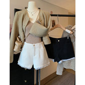 富家千金小香风毛呢a字短裤 女秋冬外穿高腰显瘦蕾丝阔腿休闲裤 子