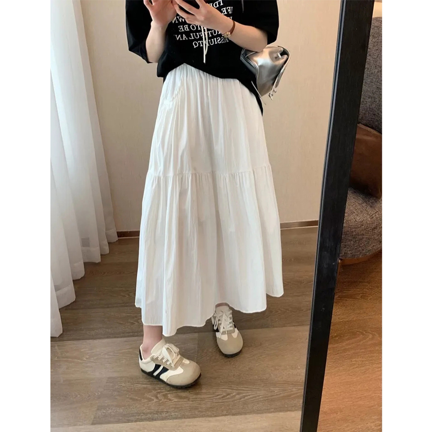 文艺复古白色半身裙女2026高腰a字裙百搭伞裙松紧腰遮胯显瘦a字裙