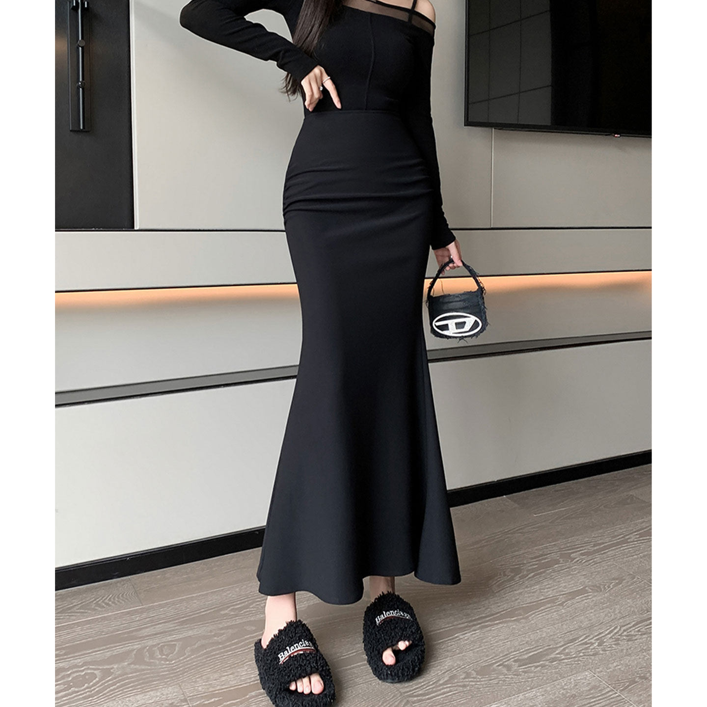 绝美黑色弹力褶皱包臀半身裙女秋冬中长款显瘦气质修身鱼尾长裙子,女装/女士精品,半身裙,淘宝优惠券,粉丝福利购,淘宝优惠卷