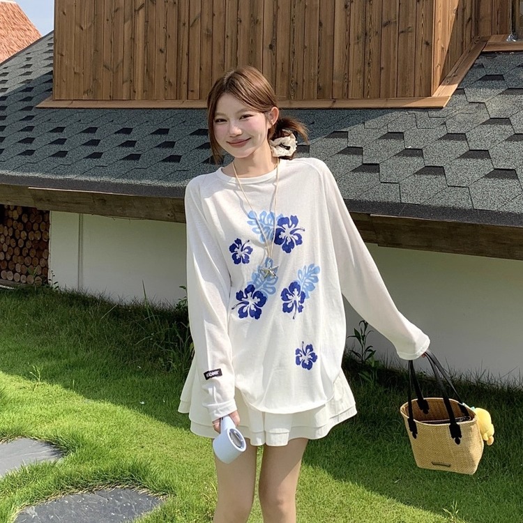 花卉印花薄款微透插肩长袖T恤女