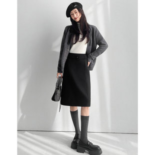 高腰毛呢中裙冬季 显瘦过膝裙气质直筒后开叉百搭高级感显瘦半身裙