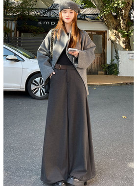 灰色毛呢西装阔腿裤女加厚秋冬新款高腰显瘦遮胯休闲直筒拖地裤子