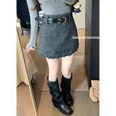 设计感韩系毛呢灰色半身裙2026春夏花边高腰显瘦A字西装 包臀短裙