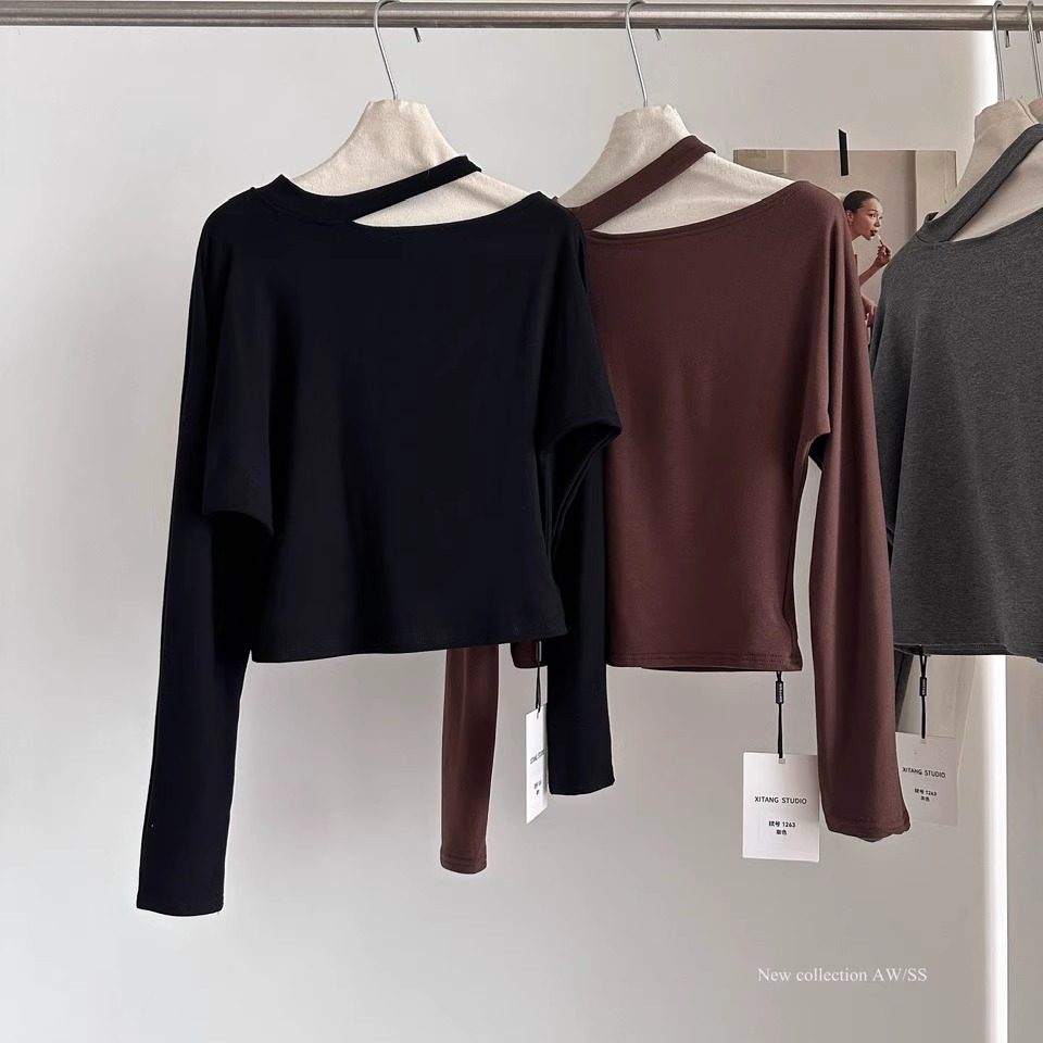 气质挂脖斜领露肩蝙蝠袖加绒长袖T恤女2025高级感内搭上衣打底衫,女装/女士精品,T恤,淘宝优惠券,粉丝福利购,淘宝优惠卷