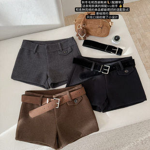 超火低腰毛呢料休闲短裤女秋冬韩版辣妹打底修身黑色加厚靴裤外穿