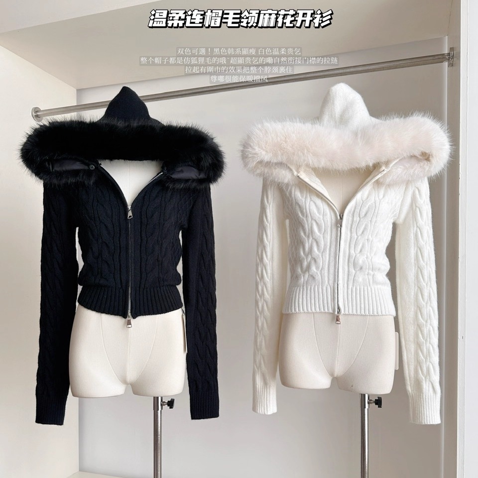 温柔连帽拉链毛衣开衫女秋冬季