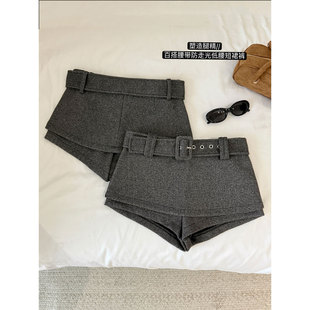 秋冬针织短款辣妹裙裤高级感灰色宽腰带毛呢半身裙显瘦气质短裙子