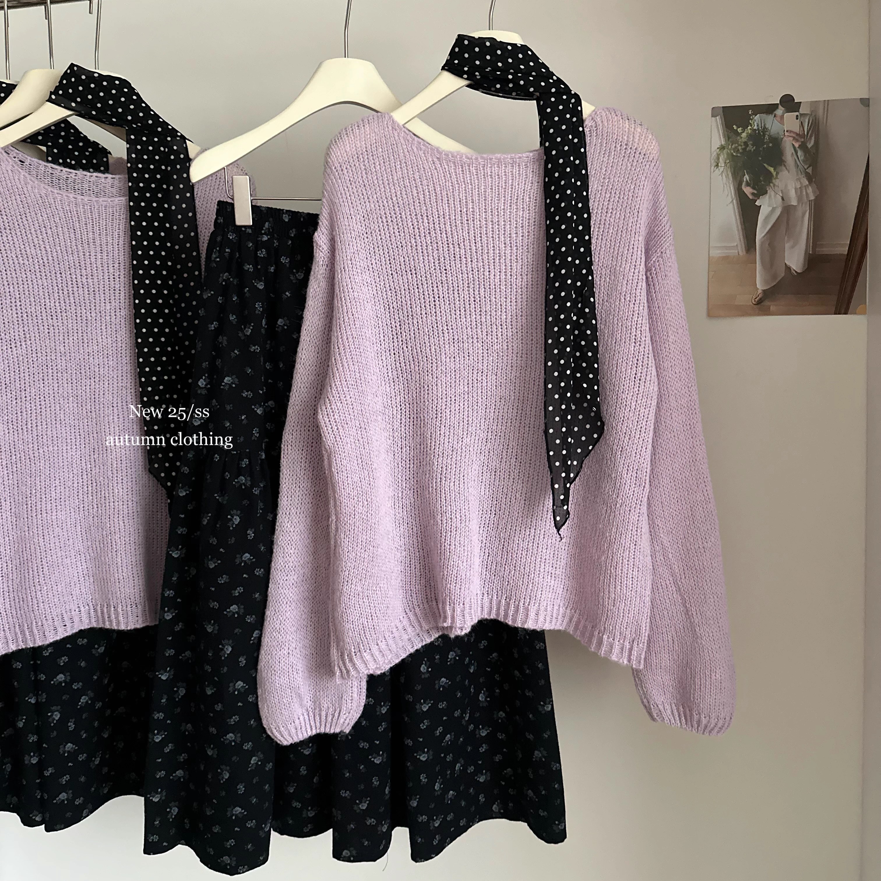 紫色毛衣女2025碎花连衣裙套装