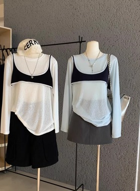 慵懒撞色宽松假两件长袖T恤女秋绝美巨好看显瘦休闲chic单穿上衣