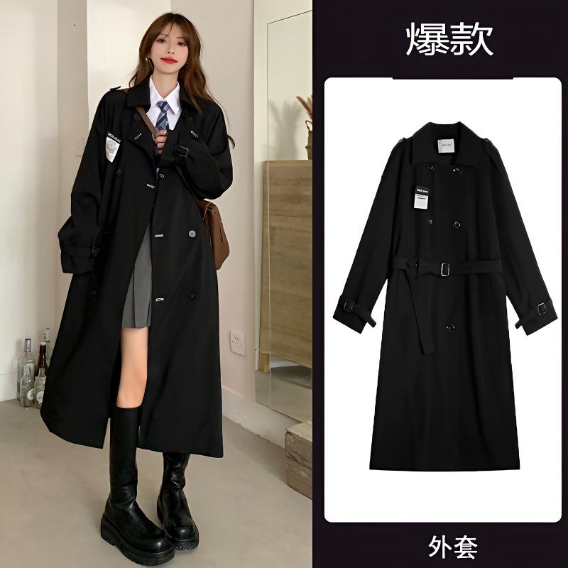 黑色风衣外套女中长款2025秋新款韩系赫本风巨好看穿搭大衣小个子
