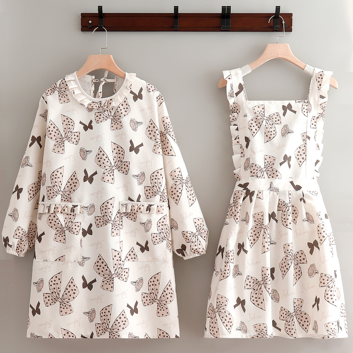 韩版时尚蝴蝶结印花长袖厨房家用围裙女帆布工作服罩衣女生年轻,家庭/个人清洁工具,围裙,淘宝优惠券,粉丝福利购,淘宝优惠卷